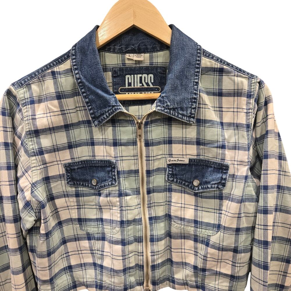 GUESS Vintage 90s Cropped Plaid Denim Pearl Snap Zip Top - Picture 2 of 11